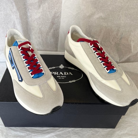Prada White and Gray Nylon Suede Logo Sneakers - Picture 1 of 16